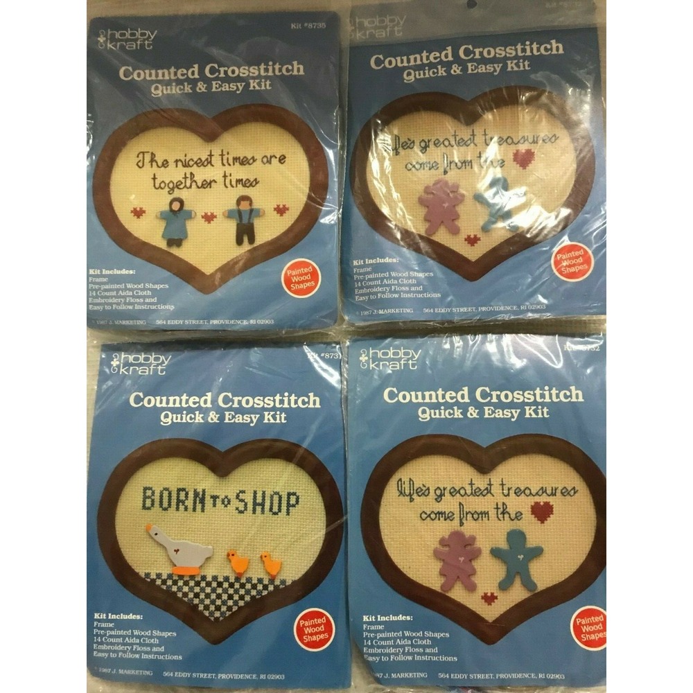 Vintage 1987 Lot 4 Hobby & Kraft‎ Counted Cross Stitch Quick & Easy Heart Frames